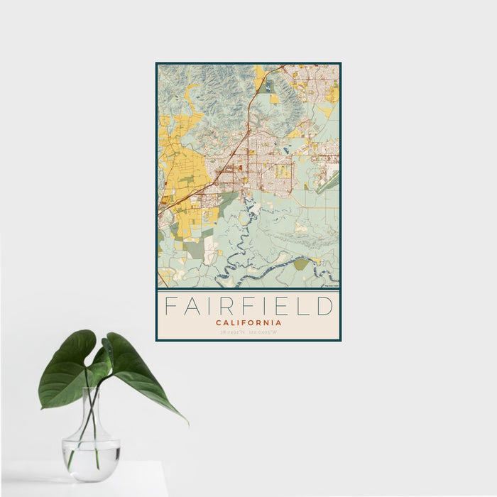 16x24 Fairfield California Map Print Portrait Orientation in Woodblock Style With Tropical Plant Leaves in Water