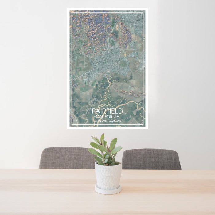 24x36 Fairfield California Map Print Portrait Orientation in Afternoon Style Behind 2 Chairs Table and Potted Plant