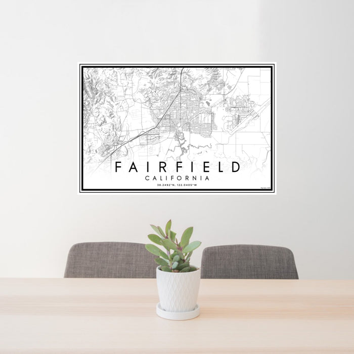 24x36 Fairfield California Map Print Lanscape Orientation in Classic Style Behind 2 Chairs Table and Potted Plant