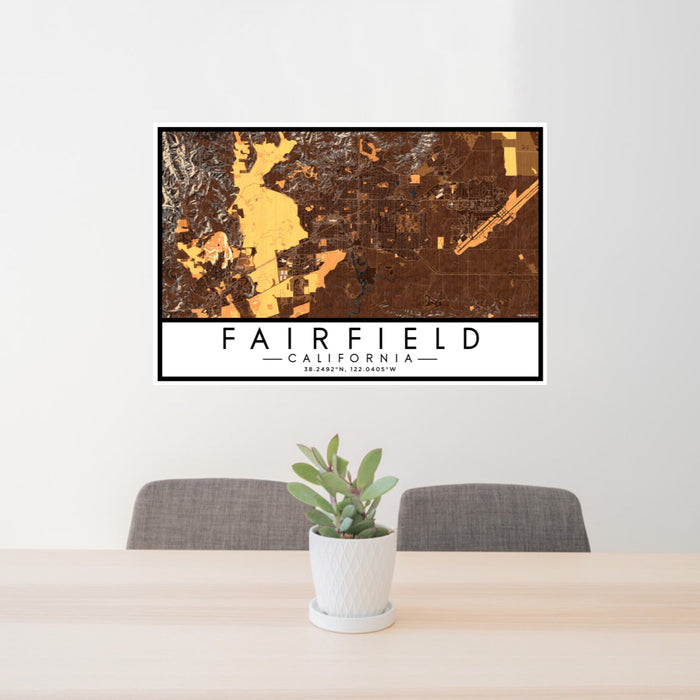24x36 Fairfield California Map Print Lanscape Orientation in Ember Style Behind 2 Chairs Table and Potted Plant