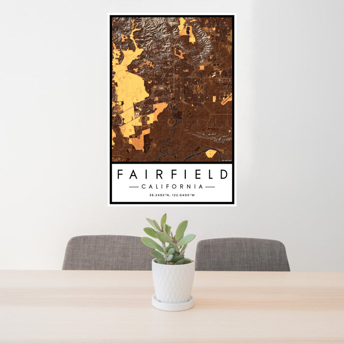 24x36 Fairfield California Map Print Portrait Orientation in Ember Style Behind 2 Chairs Table and Potted Plant