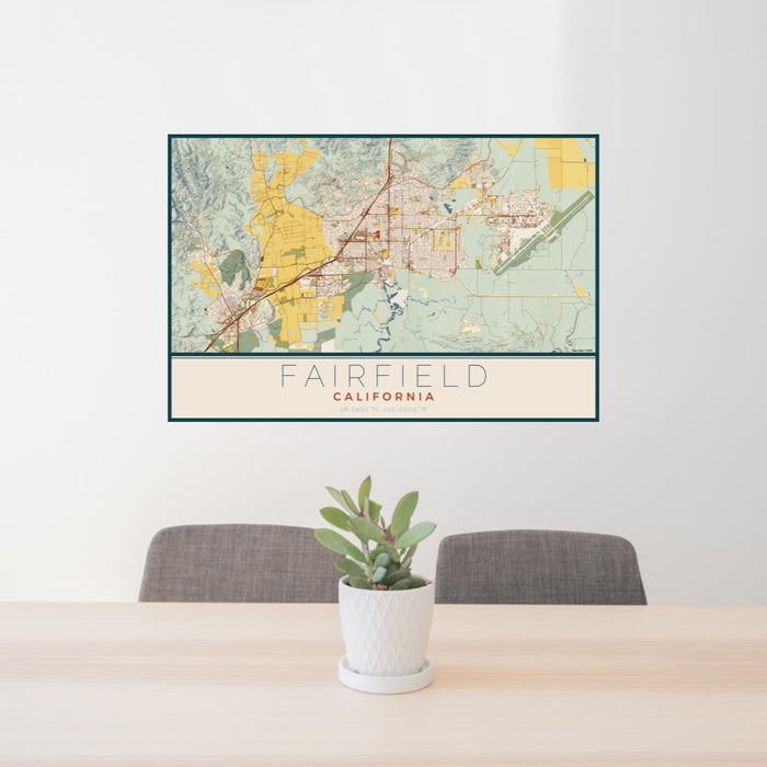 24x36 Fairfield California Map Print Lanscape Orientation in Woodblock Style Behind 2 Chairs Table and Potted Plant