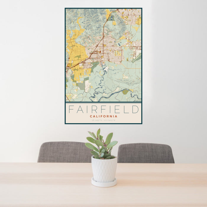 24x36 Fairfield California Map Print Portrait Orientation in Woodblock Style Behind 2 Chairs Table and Potted Plant