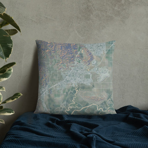 Custom Fairfield California Map Throw Pillow in Afternoon on Bedding Against Wall