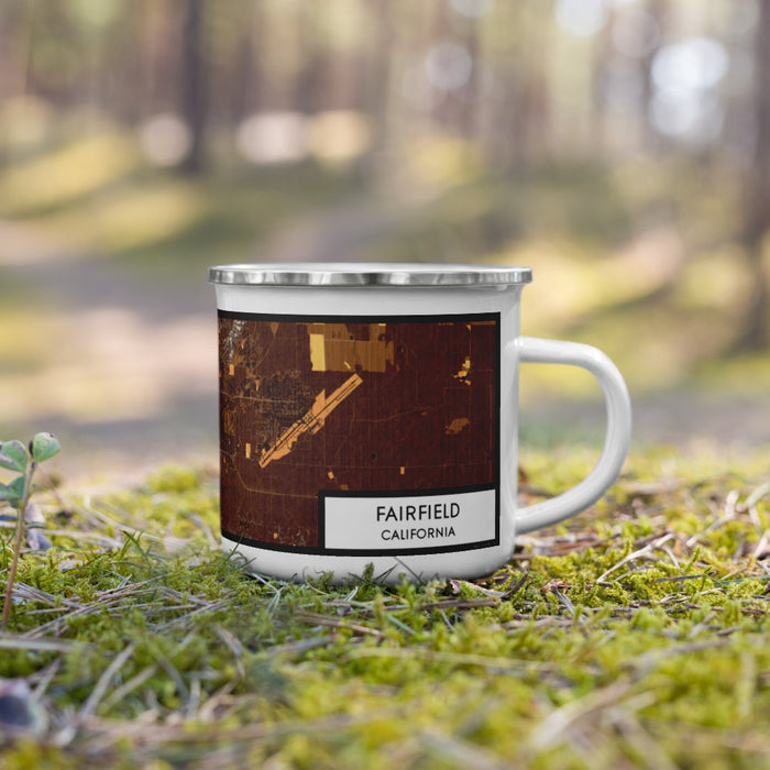 Right View Custom Fairfield California Map Enamel Mug in Ember on Grass With Trees in Background