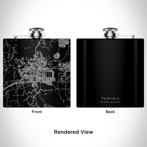 Rendered View of Fairfield California Map Engraving on 6oz Stainless Steel Flask in Black