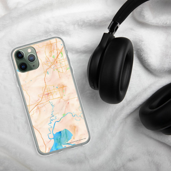 Custom Fairfield California Map Phone Case in Watercolor on Table with Black Headphones