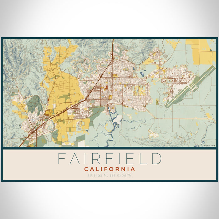 Fairfield California Map Print Landscape Orientation in Woodblock Style With Shaded Background