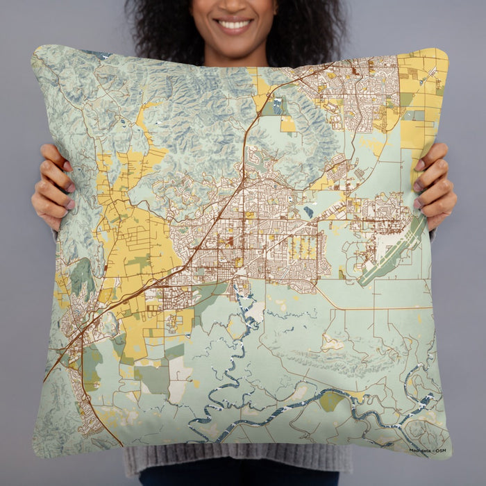Person holding 22x22 Custom Fairfield California Map Throw Pillow in Woodblock
