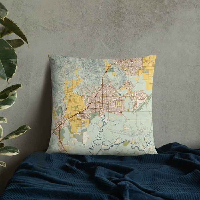 Custom Fairfield California Map Throw Pillow in Woodblock on Bedding Against Wall