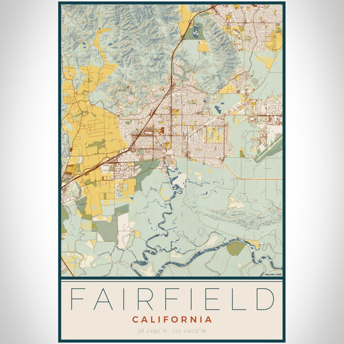 Fairfield California Map Print Portrait Orientation in Woodblock Style With Shaded Background