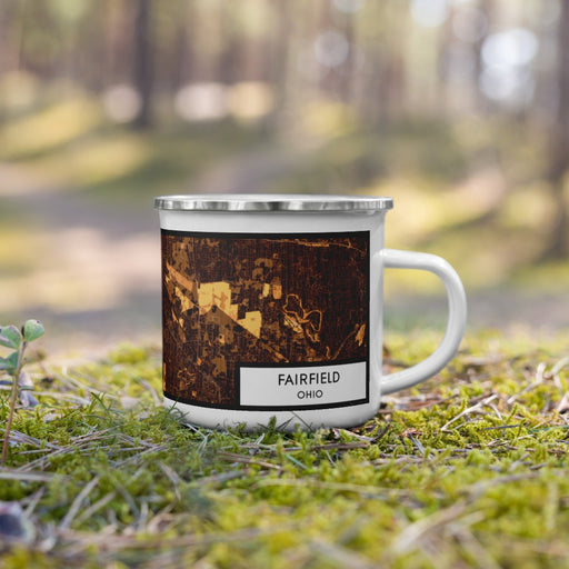 Right View Custom Fairfield Ohio Map Enamel Mug in Ember on Grass With Trees in Background