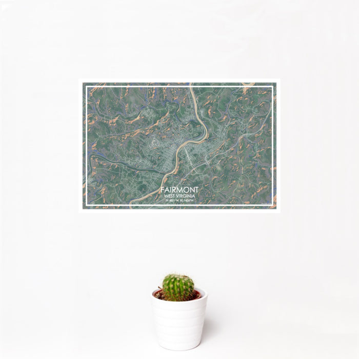 12x18 Fairmont West Virginia Map Print Landscape Orientation in Afternoon Style With Small Cactus Plant in White Planter