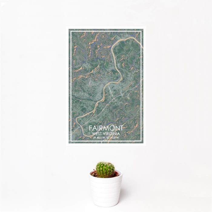 12x18 Fairmont West Virginia Map Print Portrait Orientation in Afternoon Style With Small Cactus Plant in White Planter