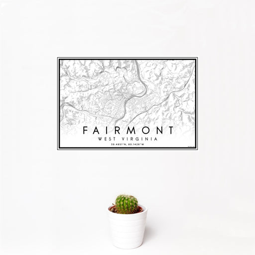 12x18 Fairmont West Virginia Map Print Landscape Orientation in Classic Style With Small Cactus Plant in White Planter