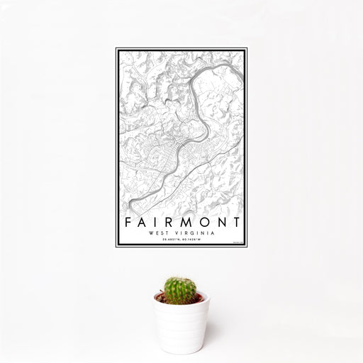 12x18 Fairmont West Virginia Map Print Portrait Orientation in Classic Style With Small Cactus Plant in White Planter