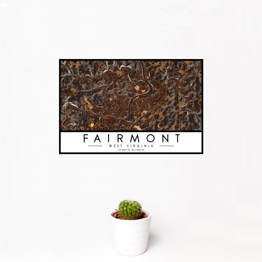 12x18 Fairmont West Virginia Map Print Landscape Orientation in Ember Style With Small Cactus Plant in White Planter