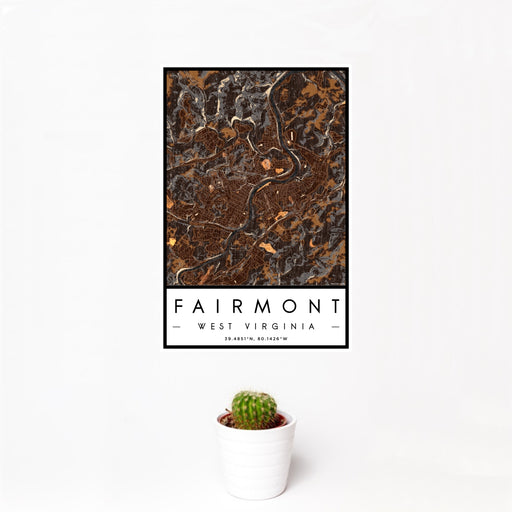 12x18 Fairmont West Virginia Map Print Portrait Orientation in Ember Style With Small Cactus Plant in White Planter