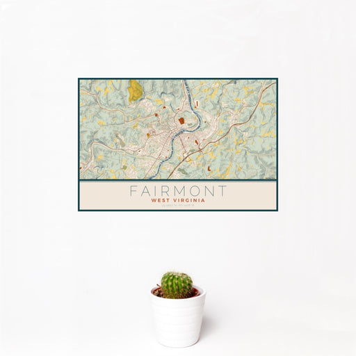 12x18 Fairmont West Virginia Map Print Landscape Orientation in Woodblock Style With Small Cactus Plant in White Planter