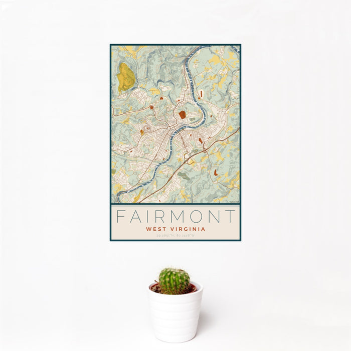 12x18 Fairmont West Virginia Map Print Portrait Orientation in Woodblock Style With Small Cactus Plant in White Planter