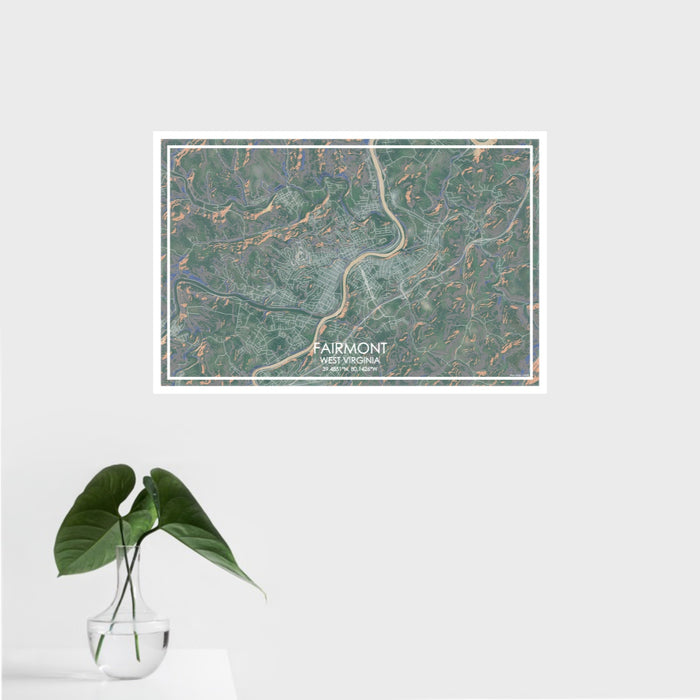 16x24 Fairmont West Virginia Map Print Landscape Orientation in Afternoon Style With Tropical Plant Leaves in Water
