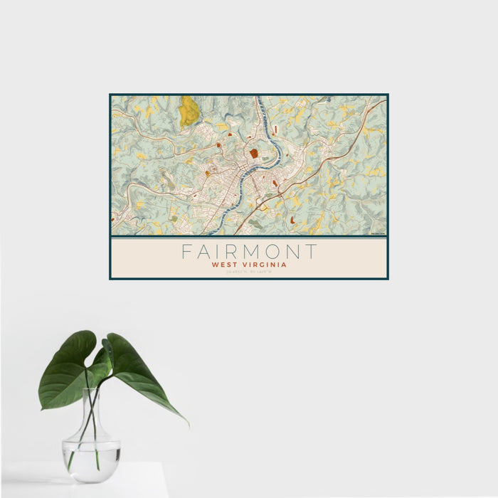 16x24 Fairmont West Virginia Map Print Landscape Orientation in Woodblock Style With Tropical Plant Leaves in Water