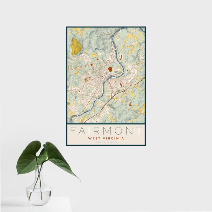 16x24 Fairmont West Virginia Map Print Portrait Orientation in Woodblock Style With Tropical Plant Leaves in Water