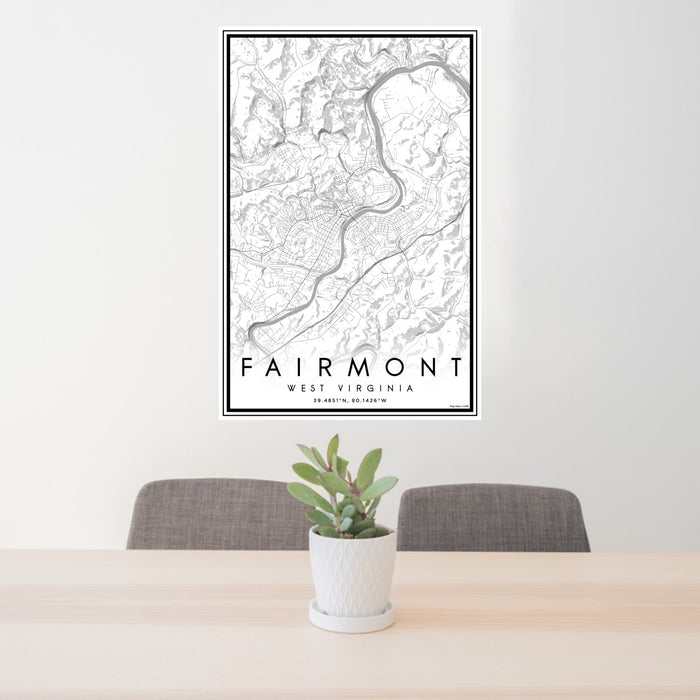 24x36 Fairmont West Virginia Map Print Portrait Orientation in Classic Style Behind 2 Chairs Table and Potted Plant