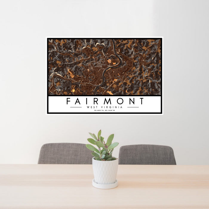 24x36 Fairmont West Virginia Map Print Lanscape Orientation in Ember Style Behind 2 Chairs Table and Potted Plant