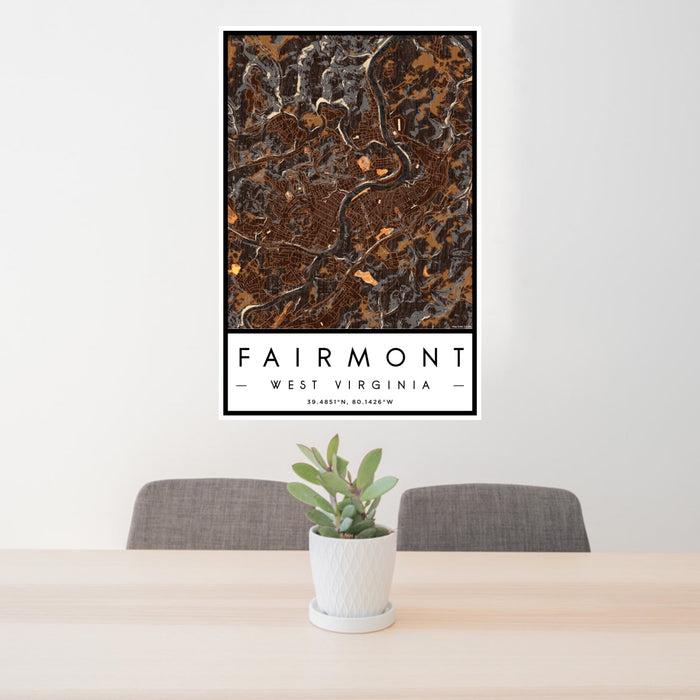 24x36 Fairmont West Virginia Map Print Portrait Orientation in Ember Style Behind 2 Chairs Table and Potted Plant