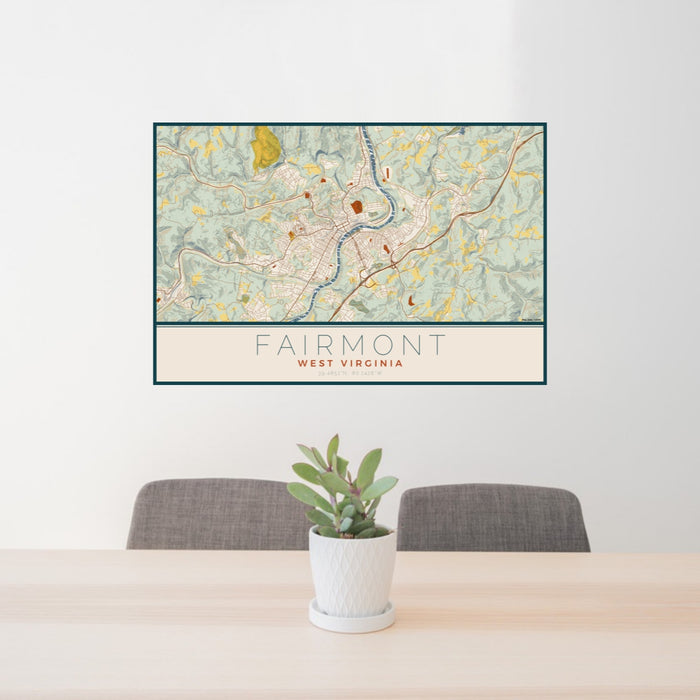 24x36 Fairmont West Virginia Map Print Lanscape Orientation in Woodblock Style Behind 2 Chairs Table and Potted Plant