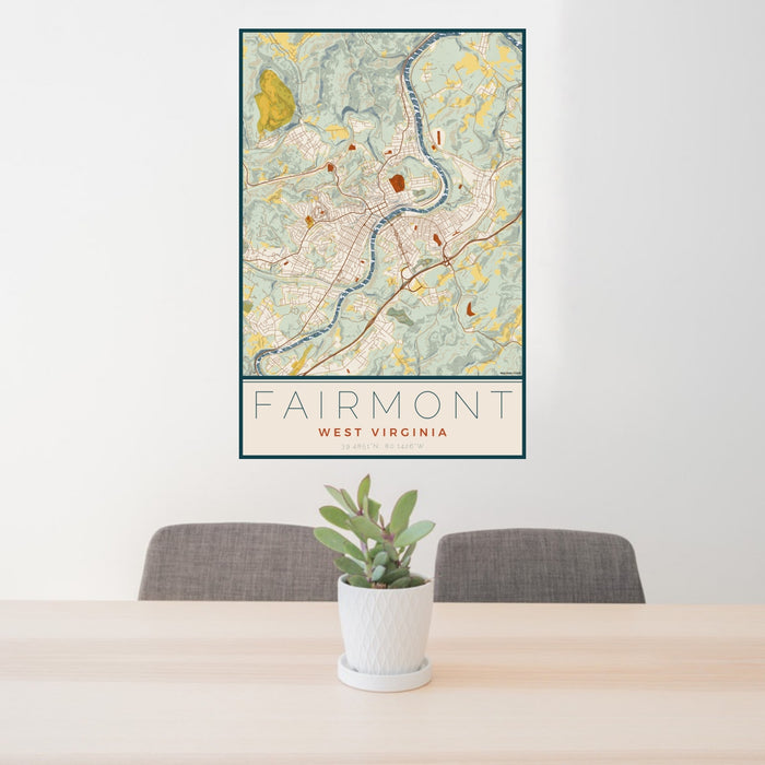 24x36 Fairmont West Virginia Map Print Portrait Orientation in Woodblock Style Behind 2 Chairs Table and Potted Plant