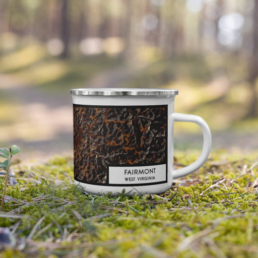 Right View Custom Fairmont West Virginia Map Enamel Mug in Ember on Grass With Trees in Background