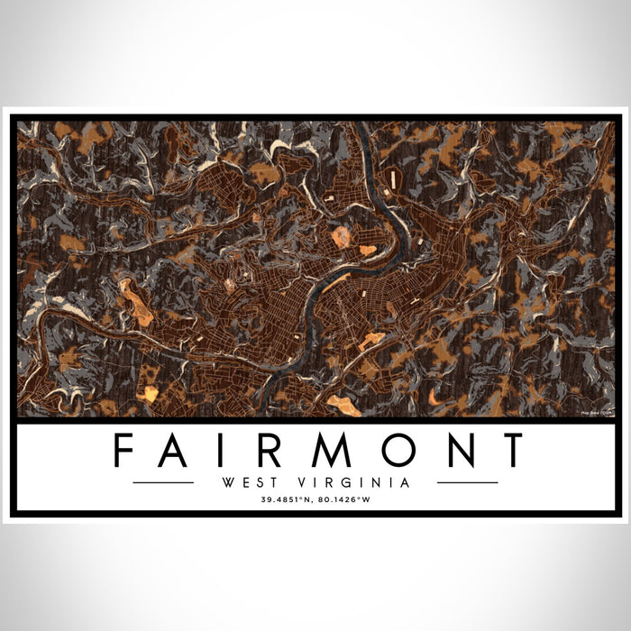 Fairmont West Virginia Map Print Landscape Orientation in Ember Style With Shaded Background