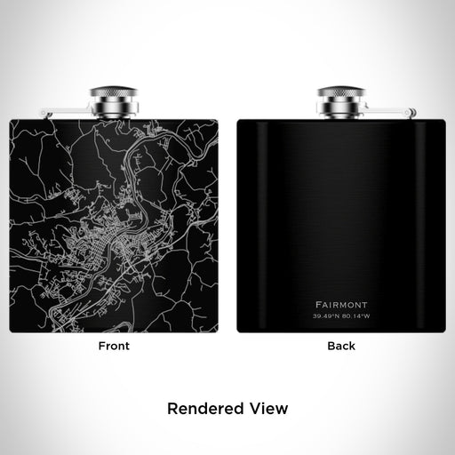 Rendered View of Fairmont West Virginia Map Engraving on 6oz Stainless Steel Flask in Black