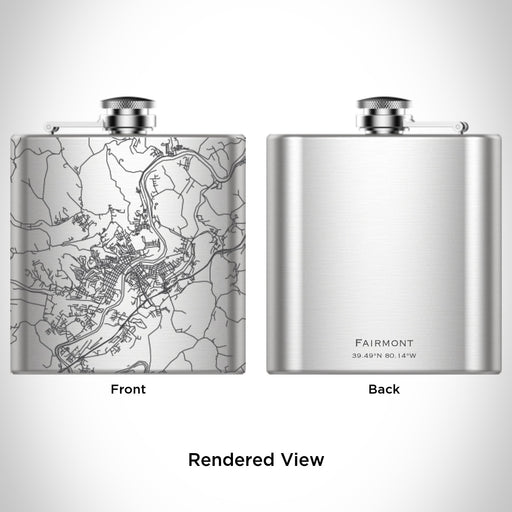 Rendered View of Fairmont West Virginia Map Engraving on 6oz Stainless Steel Flask