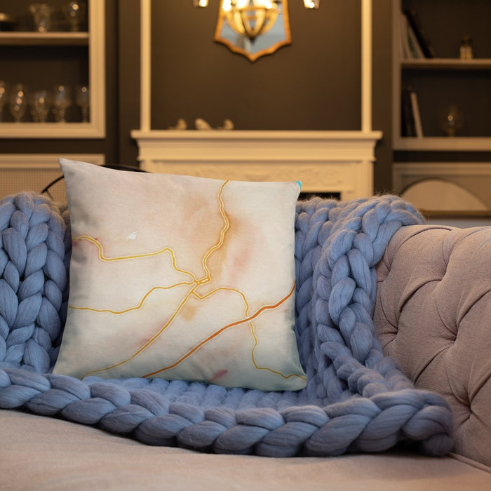 Custom Fairmont West Virginia Map Throw Pillow in Watercolor on Cream Colored Couch