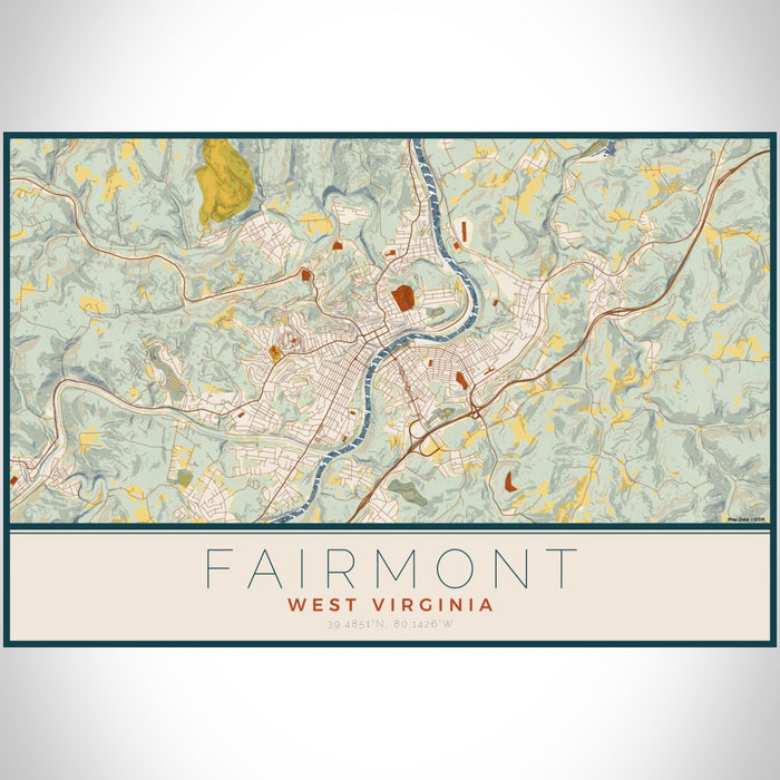 Fairmont West Virginia Map Print Landscape Orientation in Woodblock Style With Shaded Background