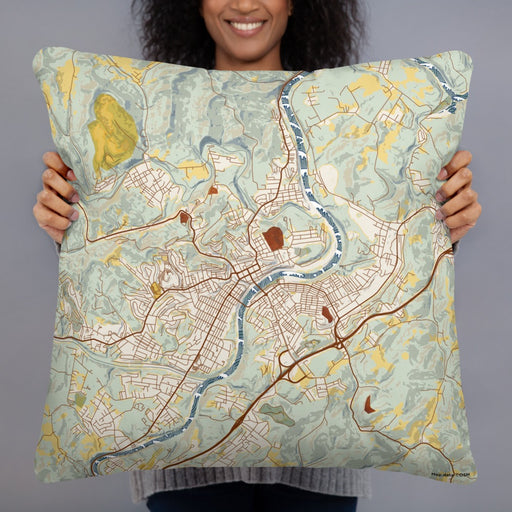 Person holding 22x22 Custom Fairmont West Virginia Map Throw Pillow in Woodblock