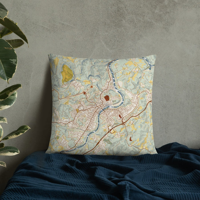Custom Fairmont West Virginia Map Throw Pillow in Woodblock on Bedding Against Wall
