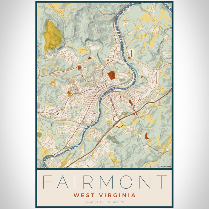 Fairmont West Virginia Map Print Portrait Orientation in Woodblock Style With Shaded Background
