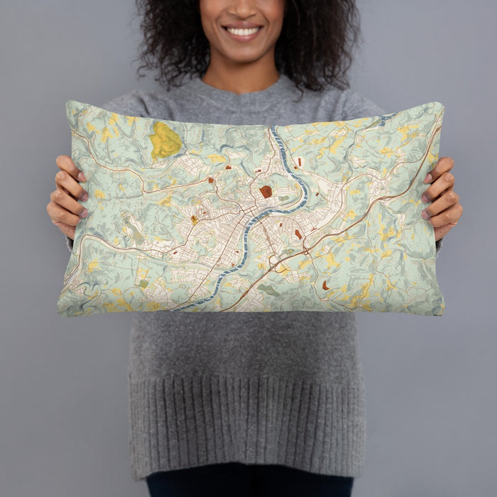 Person holding 20x12 Custom Fairmont West Virginia Map Throw Pillow in Woodblock
