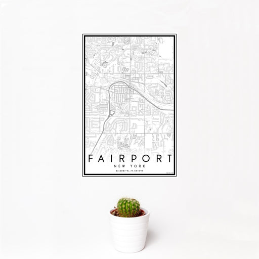 12x18 Fairport New York Map Print Portrait Orientation in Classic Style With Small Cactus Plant in White Planter