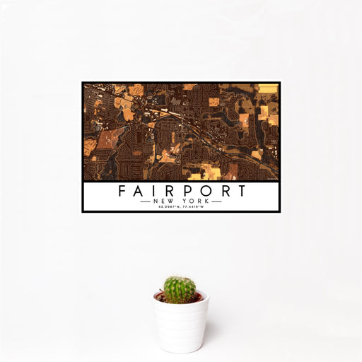 12x18 Fairport New York Map Print Landscape Orientation in Ember Style With Small Cactus Plant in White Planter