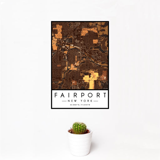 12x18 Fairport New York Map Print Portrait Orientation in Ember Style With Small Cactus Plant in White Planter