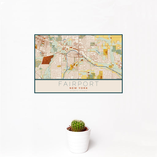 12x18 Fairport New York Map Print Landscape Orientation in Woodblock Style With Small Cactus Plant in White Planter