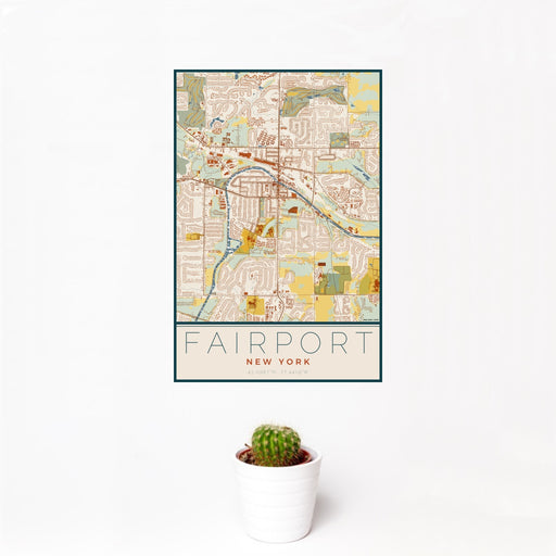 12x18 Fairport New York Map Print Portrait Orientation in Woodblock Style With Small Cactus Plant in White Planter