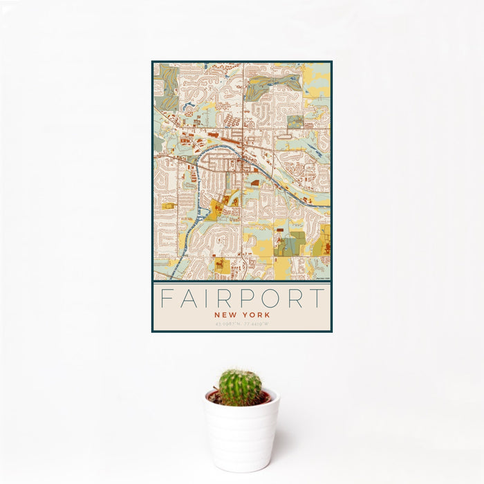 12x18 Fairport New York Map Print Portrait Orientation in Woodblock Style With Small Cactus Plant in White Planter
