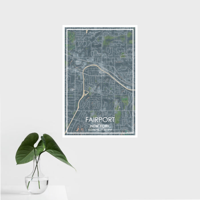 16x24 Fairport New York Map Print Portrait Orientation in Afternoon Style With Tropical Plant Leaves in Water