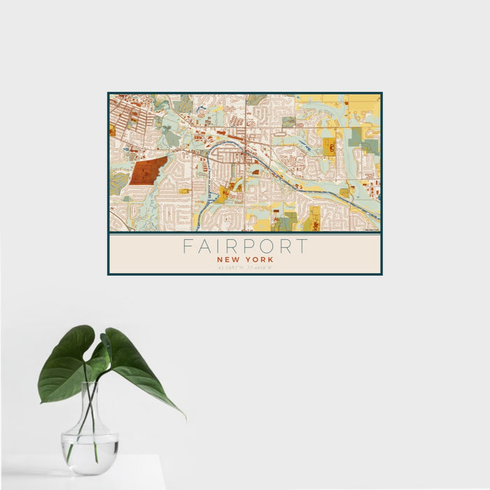 16x24 Fairport New York Map Print Landscape Orientation in Woodblock Style With Tropical Plant Leaves in Water